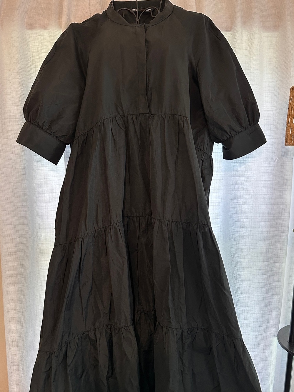 Zara Black Button Top Tiered Black Midi Flowy Short Sleeved Dress